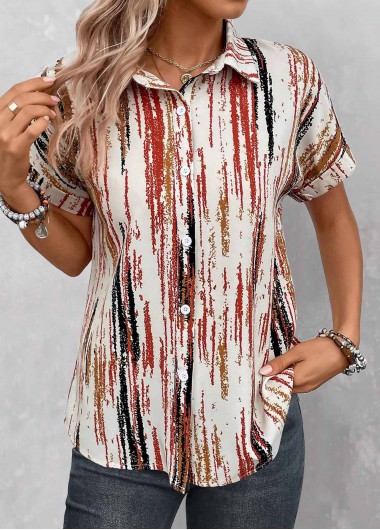 Striped Button Multi Color Shirt Collar Blouse