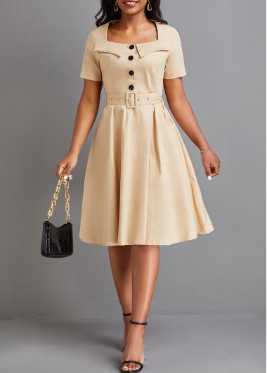 Short Sleeve Button Belted Beige Square Neck Dress