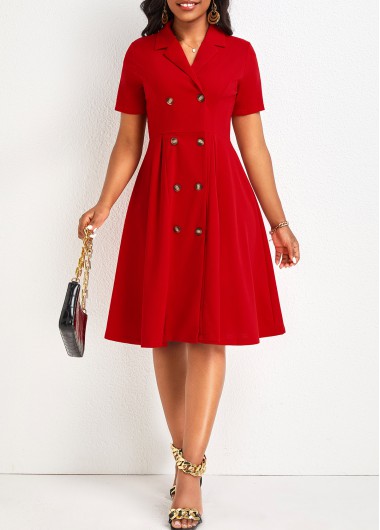 Double Breasted Lapel Short Sleeve Red Dress