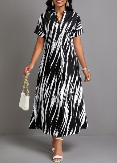 Geometric Print Split Black Shift Dress