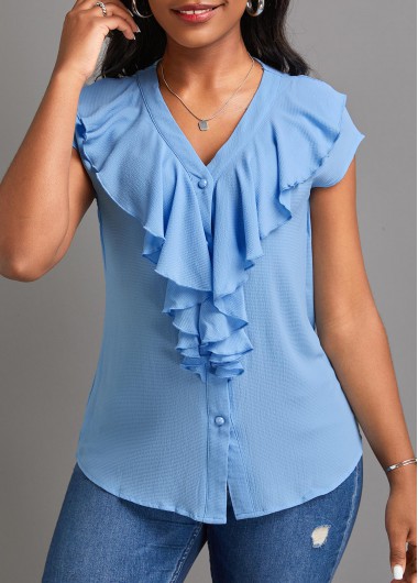ROTITA Button Light Blue V Neck Short Sleeve Blouse