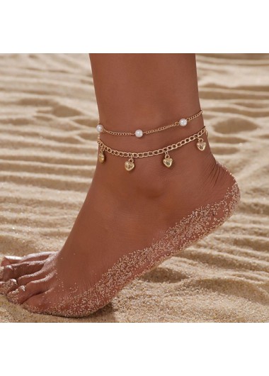 Layered Pearl Design Gold Heart Anklet Set
