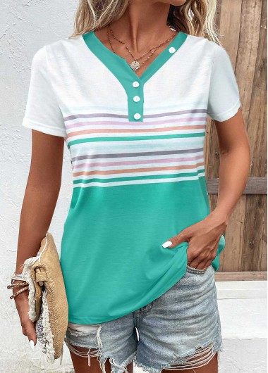 Striped Button Cyan Asymmetrical Neck T Shirt