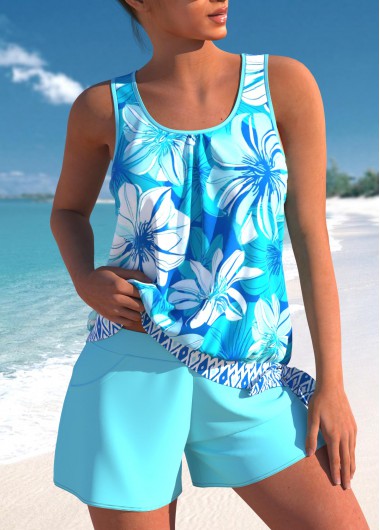Mid Waisted Floral Print Bowknot Cyan Tankini Set