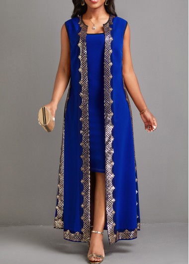 Sequin Blue Two Piece Suit Maxi Dress