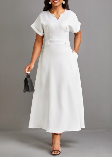 ROTITA Pocket White Split Neck Short Sleeve Maxi Dress