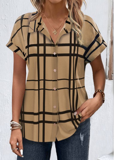 ROTITA Button Plaid Dark Coffee Shirt Collar Blouse