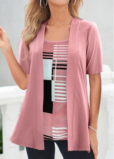 Geometric Print Fake 2in1 Pink T Shirt