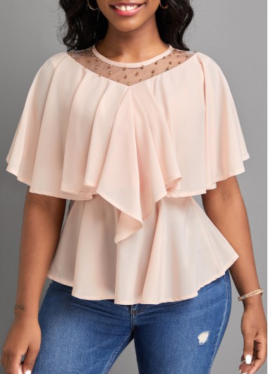 Skin Color Round Neck Short Sleeve Ruffle Blouse