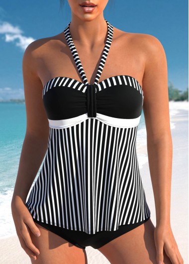 Striped Patchwork Black Ruched Tankini Top