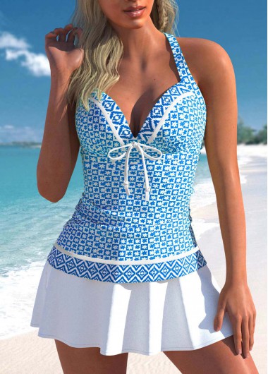 Mid Waisted Geometric Print Criss Cross Tankini Set