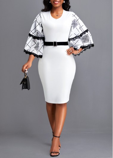 Geometric Print Lace Belted White Bodycon Dress