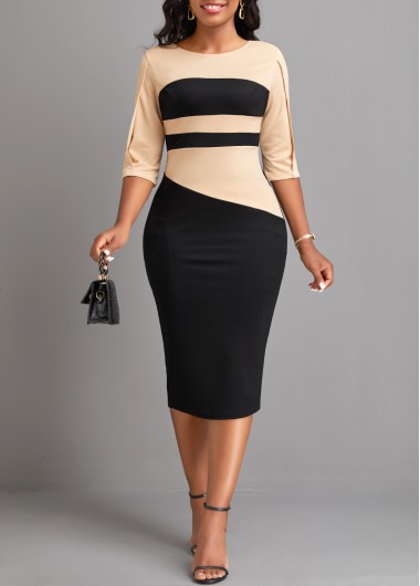 Patchwork Round Neck Black Bodycon Dress