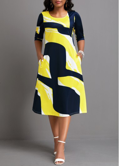 Geometric Print Pocket Navy A Line Dress