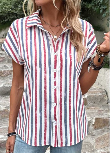 Striped Button Multi Color Shirt Collar Blouse