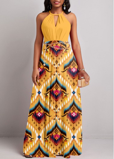 ROTITA Cut Out Tribal Print Yellow Maxi Dress