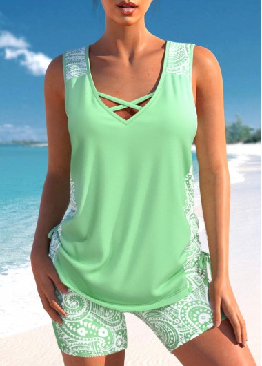 Mid Waisted Paisley Print Drawstring Tankini Set