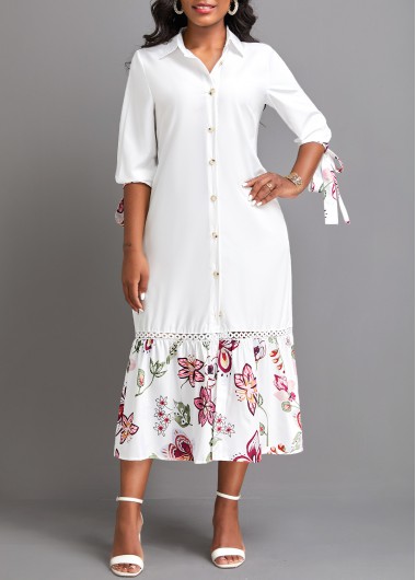 Floral Print Button White Shift Dress