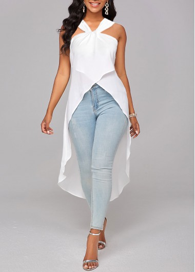 ROTITA Cross Hem White V Neck Sleeveless Blouse