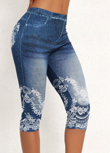 Denim Blue High Waisted Elastic Waist Capri Leggings