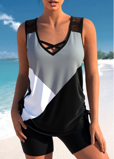 Lace Patchwork Black Drawstring Tankini Top