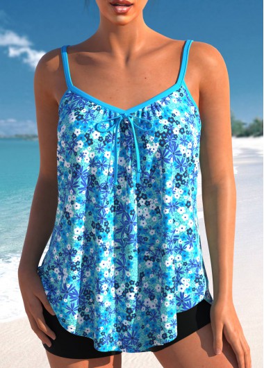 ROTITA Bowknot Sky Blue Ditsy Floral Print Tankini Top