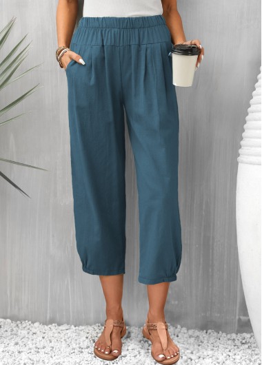 Pocket Peacock Blue Elastic Waist Pants