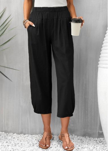 Pocket Black Elastic Waist High Waisted Pants