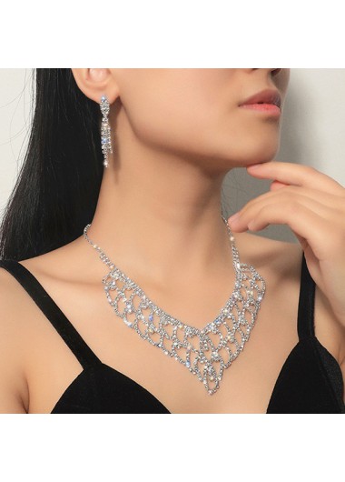 Rhinestone Tassel Silver Earrings and Necklace