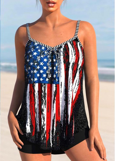 Flag Print Bowknot Black Tankini Top