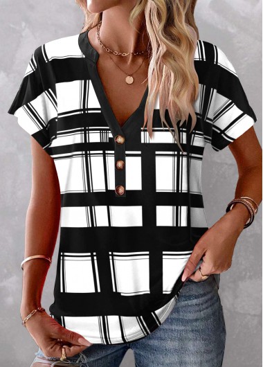 ROTITA Button Plaid Black Split Neck T Shirt