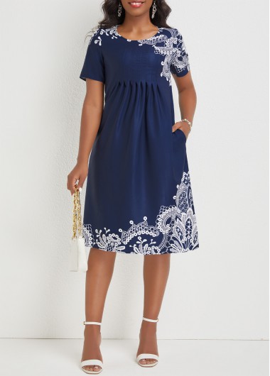 Tribal Print Ruched Navy A Line Dress
