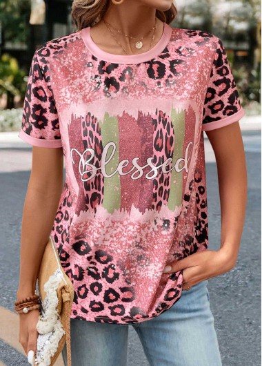 ROTITA Patchwork Leopard Pink Round Neck T Shirt