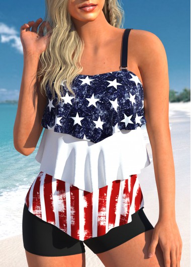 Mid Waisted American Flag Print Patchwork Tankini Set