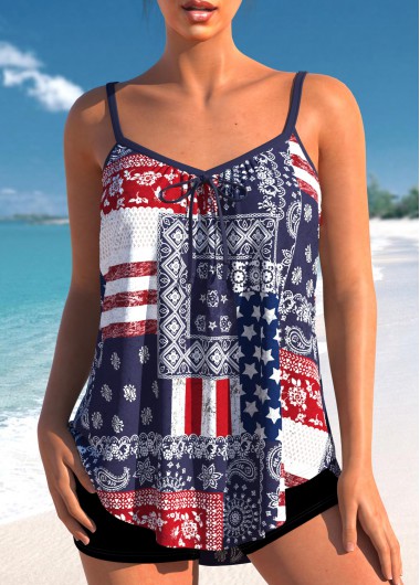 ROTITA Patchwork Multi Color American Flag Print Tankini Top
