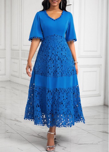 ROTITA Patchwork Tassel Blue A Line V Neck Dress