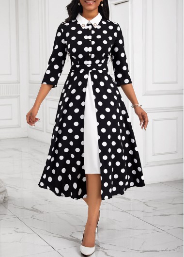 ROTITA Fake 2in1 Polka Dot Black Polo Collar Dress