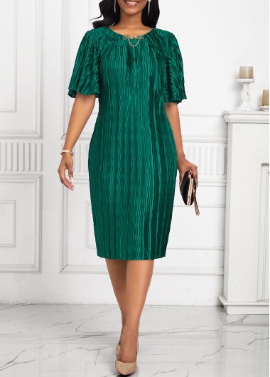 ROTITA Pleated Green Round Neck Short Sleeve Bodycon Dress