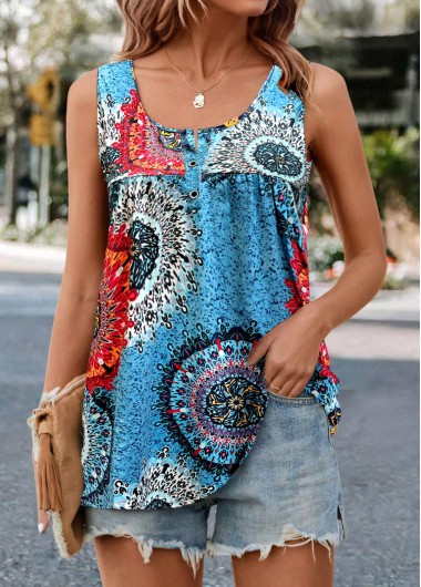 ROTITA Ruched Tribal Print Blue Scoop Neck Tank Top