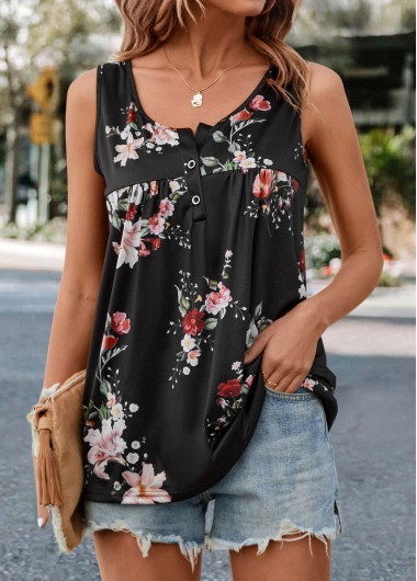 ROTITA Ruched Floral Print Black Scoop Neck Tank Top