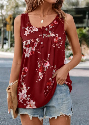 ROTITA Ruched Floral Print Red Scoop Neck Tank Top