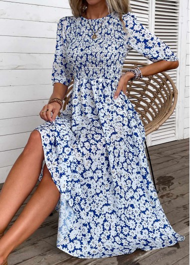 ROTITA Smocked Ditsy Floral Print Blue Round Neck Dress