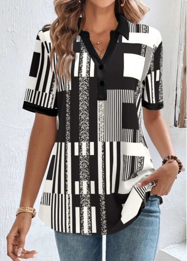 ROTITA Button Geometric Print Black Shirt Collar Blouse