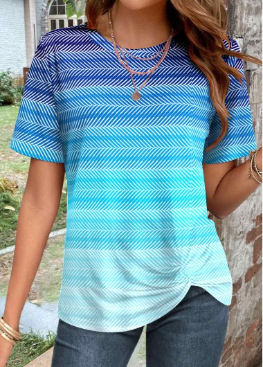 Ombre Twist Cyan Round Neck T Shirt