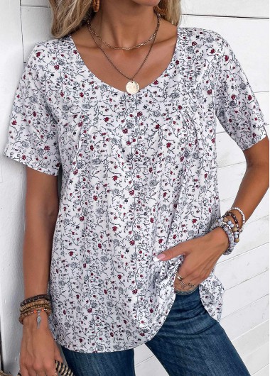 ROTITA Ruched Ditsy Floral Print Bleaching White T Shirt