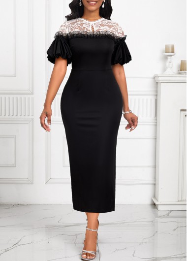 ROTITA Lace Black Round Neck Short Sleeve Bodycon Dress