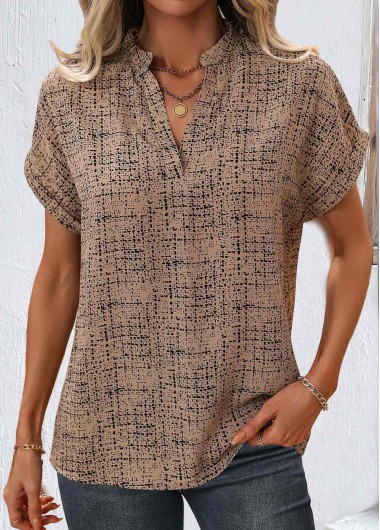 Geometric Print Split Light Coffee Short Sleeve Blouse