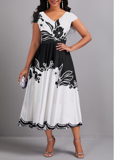 Floral Print Umbrella Hem Black V Neck Dress