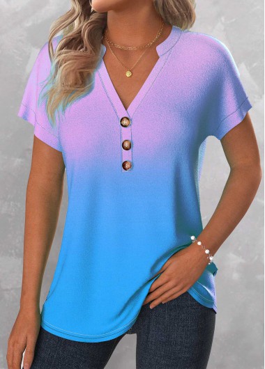 ROTITA Button Ombre Sky Blue Split Neck T Shirt