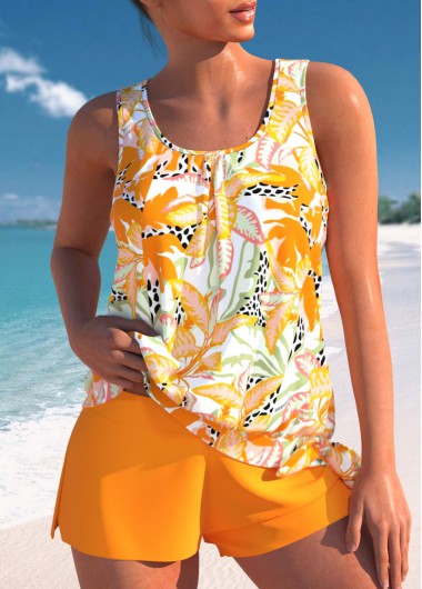 ROTITA Bowknot Yellow Leaf Print Mid Waisted Tankini Set